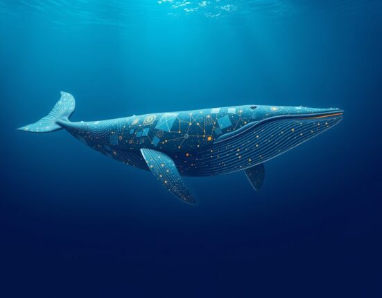 Bitcoin whale accumulation represented as a powerful digital whale in blockchain-infused waters.