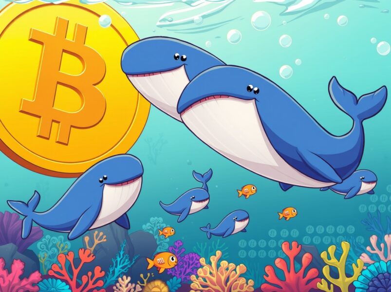 Bitcoin whales accumulating cryptocurrency in vibrant underwater blockchain world