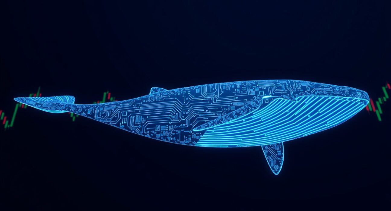 Digital whale symbolizing large Bitcoin holder swimming through dark market data background