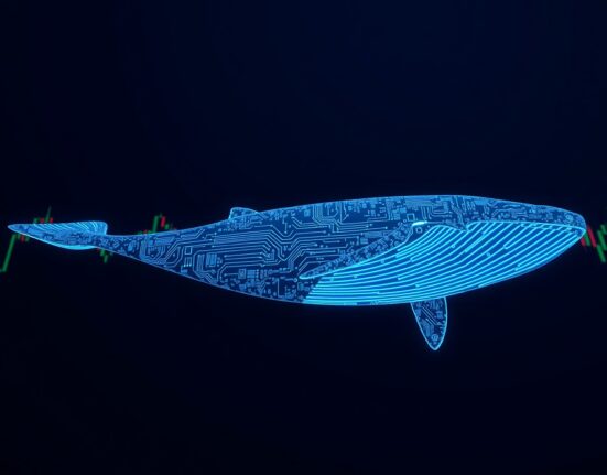 Digital whale symbolizing large Bitcoin holder swimming through dark market data background