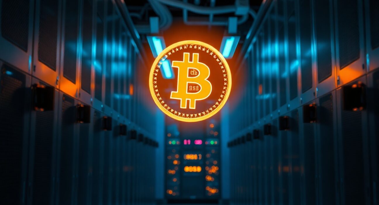 A glowing Bitcoin logo floating in a modern data center, representing a large cryptocurrency exchange outflow.