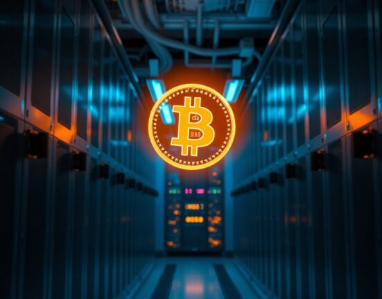 A glowing Bitcoin logo floating in a modern data center, representing a large cryptocurrency exchange outflow.