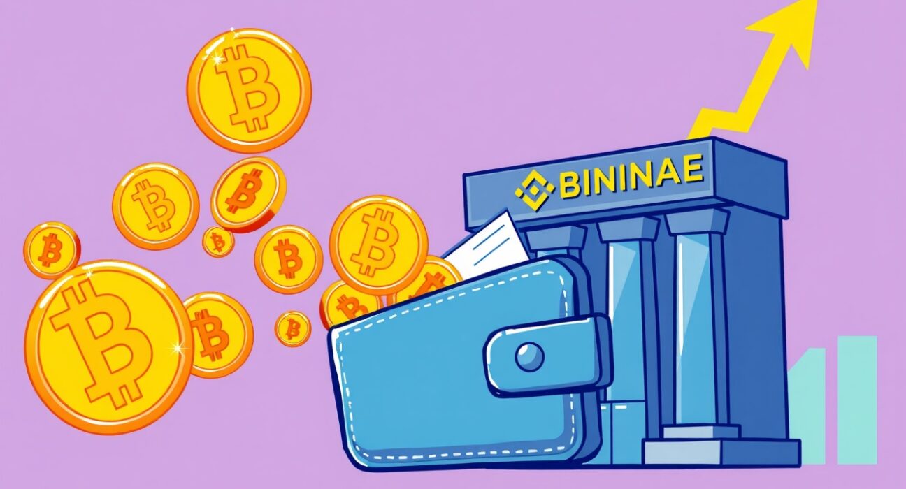 A cartoon illustration showing a significant Bitcoin withdrawal from Binance, symbolizing potential bullish market sentiment.