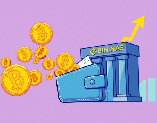 A cartoon illustration showing a significant Bitcoin withdrawal from Binance, symbolizing potential bullish market sentiment.