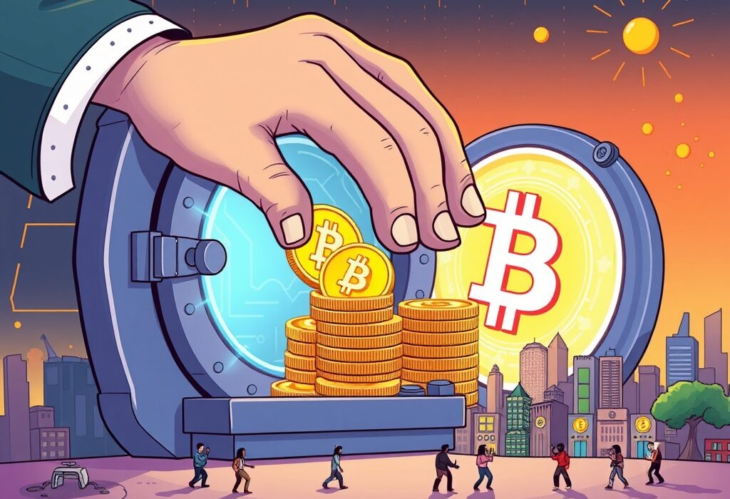 Illustration depicting a significant Bitcoin withdrawal from a digital vault, highlighting institutional crypto movements.