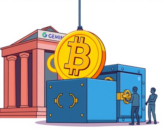 A cartoon illustration of a significant Bitcoin withdrawal moving from a crypto exchange to a secure new wallet, symbolizing long-term holding.