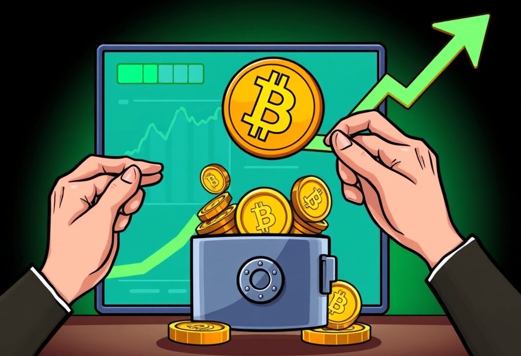 A cartoon illustration showing Bitcoin withdrawals from exchanges, indicating accumulation and a potential bullish market trend.