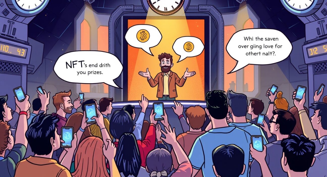 A cartoon illustration showing an engaging Bitcoin World AMA session with attendees and a speaker, highlighting the excitement and giveaways.