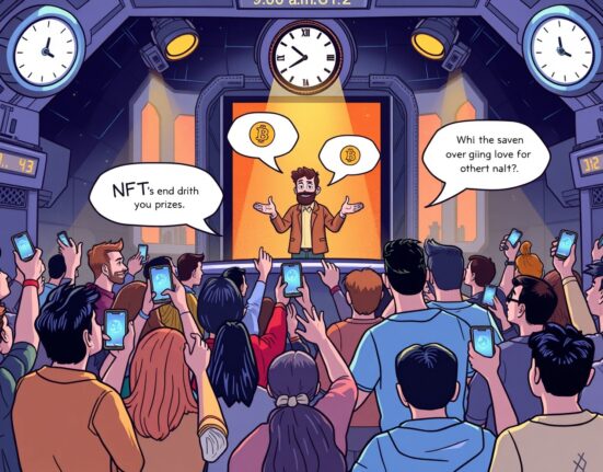 A cartoon illustration showing an engaging Bitcoin World AMA session with attendees and a speaker, highlighting the excitement and giveaways.