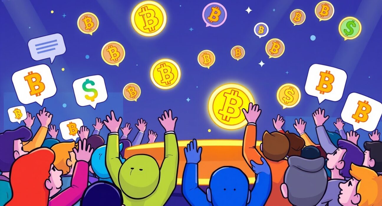 Bitcoin World AMA community event with animated cryptocurrency enthusiasts gathering for live discussion