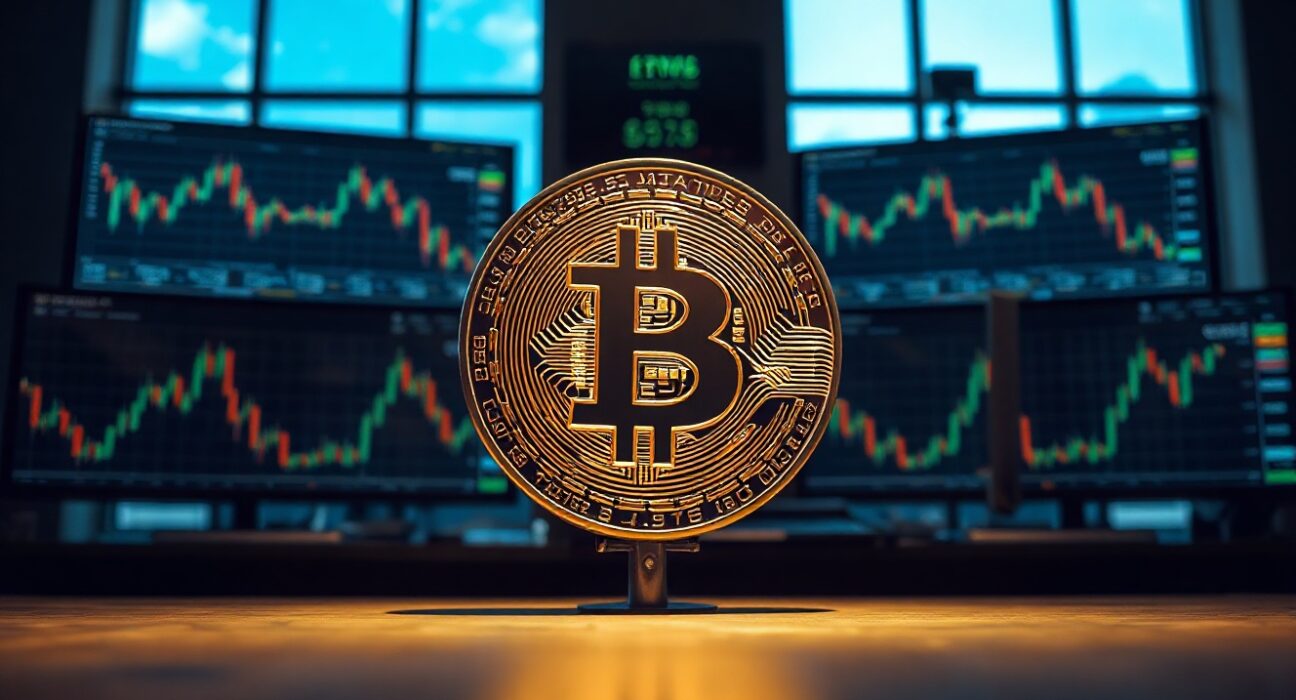 Bitcoin coin in foreground with trading charts on monitors in background, representing analyst price forecasts