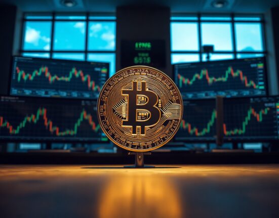 Bitcoin coin in foreground with trading charts on monitors in background, representing analyst price forecasts