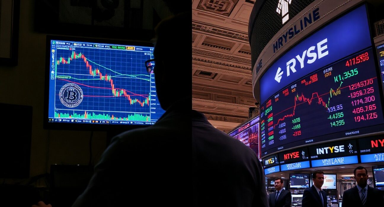 Split scene showing crypto trader and stock exchange floor, representing market sentiment shift.