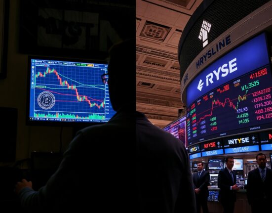 Split scene showing crypto trader and stock exchange floor, representing market sentiment shift.