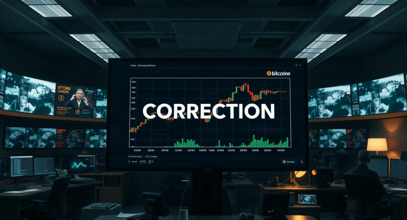 Newsroom screen showing a correction notice with Bitcoin chart in background
