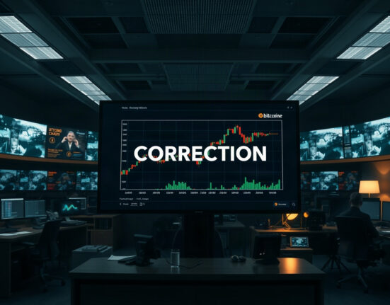 Newsroom screen showing a correction notice with Bitcoin chart in background