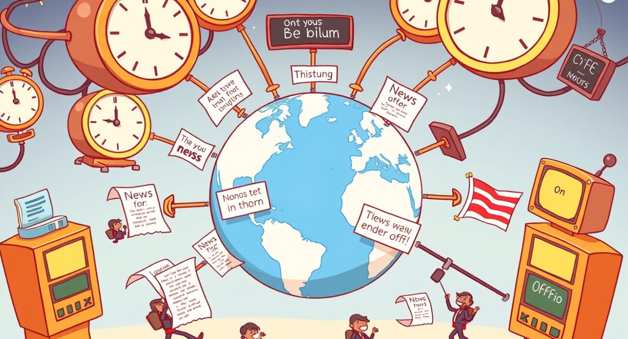 A cartoon world clock illustrating Bitcoin World's 24/7 cryptocurrency news updates schedule, highlighting active and on-demand periods for cryptocurrency news updates.
