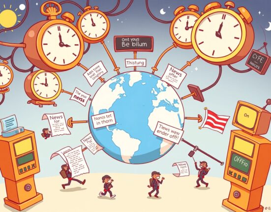 A cartoon world clock illustrating Bitcoin World's 24/7 cryptocurrency news updates schedule, highlighting active and on-demand periods for cryptocurrency news updates.