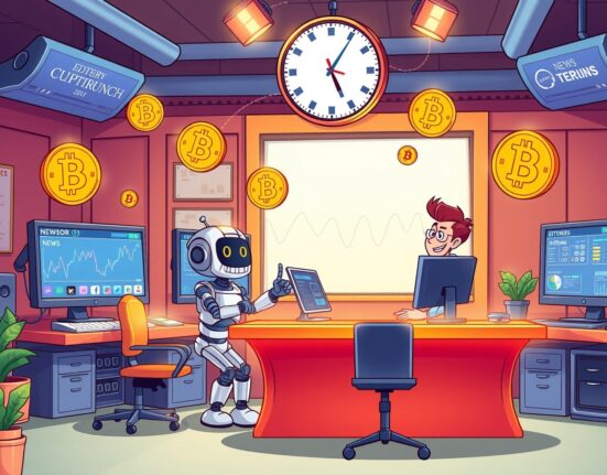 A vibrant cartoon of Bitcoin World's 24/7 cryptocurrency news service operation with global clocks and live data feeds.