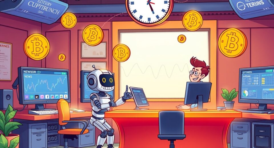 A vibrant cartoon of Bitcoin World's 24/7 cryptocurrency news service operation with global clocks and live data feeds.