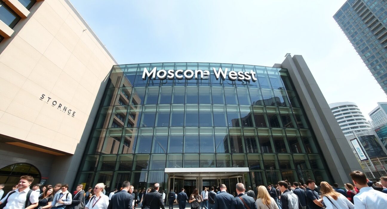 Exterior of Moscone West convention center in San Francisco with attendees entering a tech conference