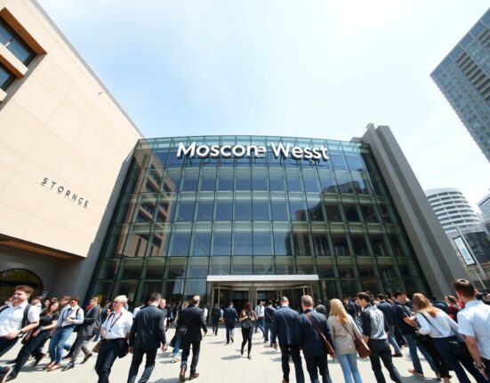 Exterior of Moscone West convention center in San Francisco with attendees entering a tech conference