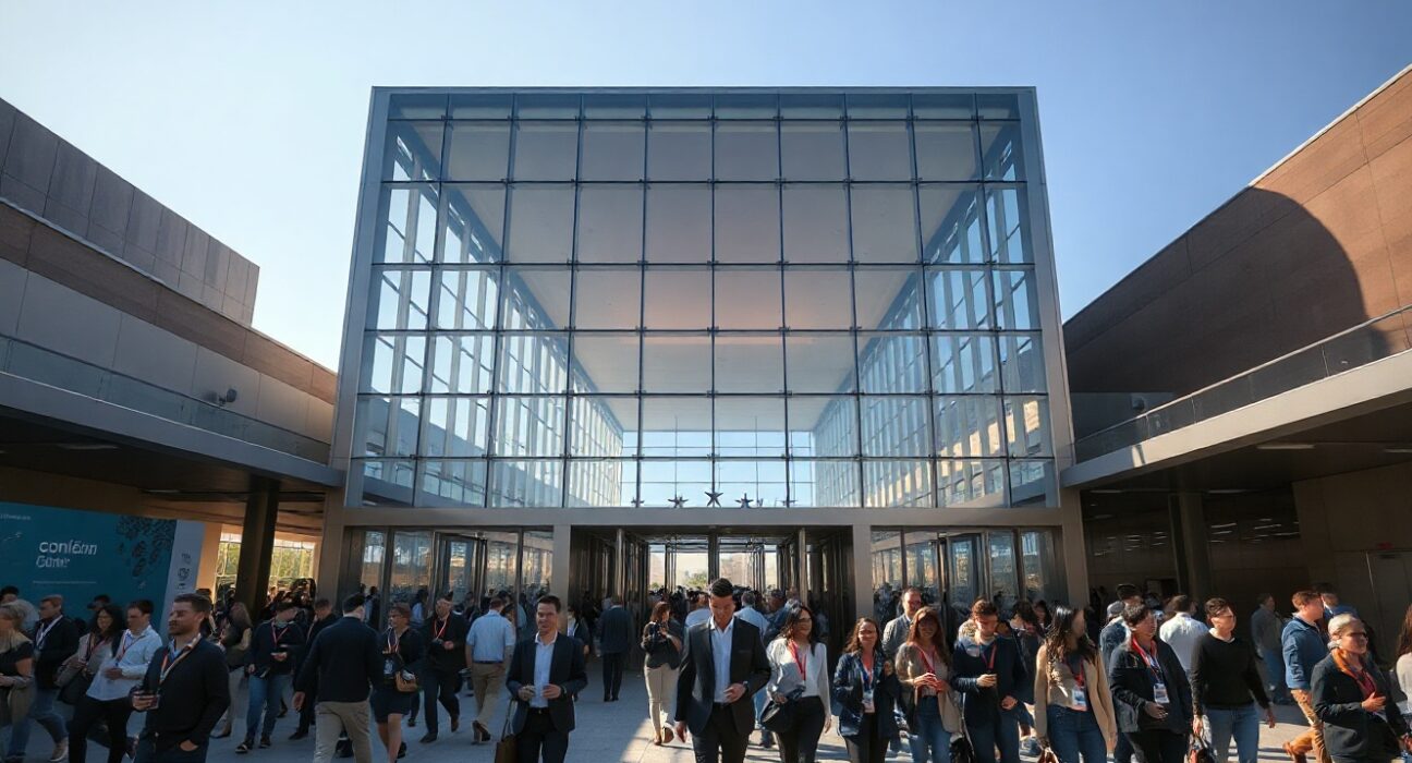 Crowd of professionals approaching the entrance of a large San Francisco convention center for a tech conference.