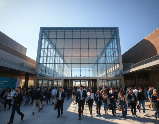 Crowd of professionals approaching the entrance of a large San Francisco convention center for a tech conference.