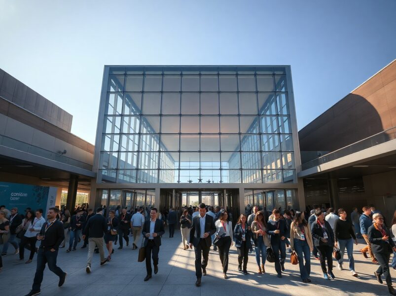 Crowd of professionals approaching the entrance of a large San Francisco convention center for a tech conference.
