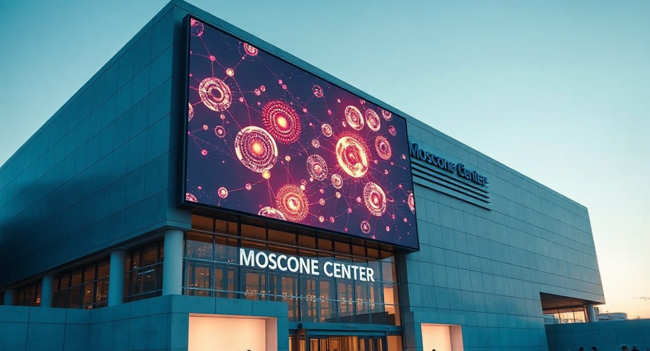 Moscone Center at dusk with AI-themed digital display for Bitcoin World Disrupt 2026