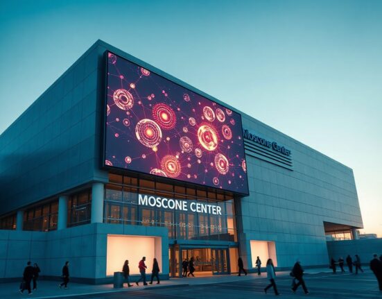Moscone Center at dusk with AI-themed digital display for Bitcoin World Disrupt 2026