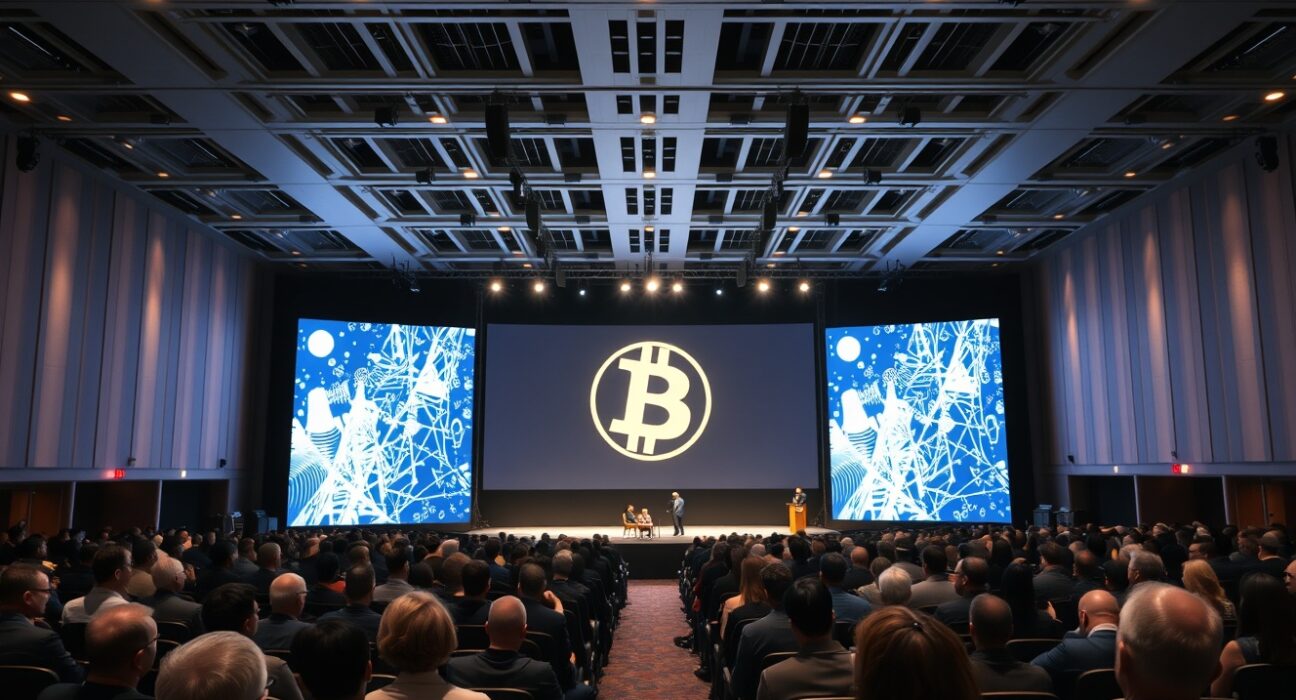 Interior of Moscone West during the Bitcoin World Disrupt technology conference in San Francisco.