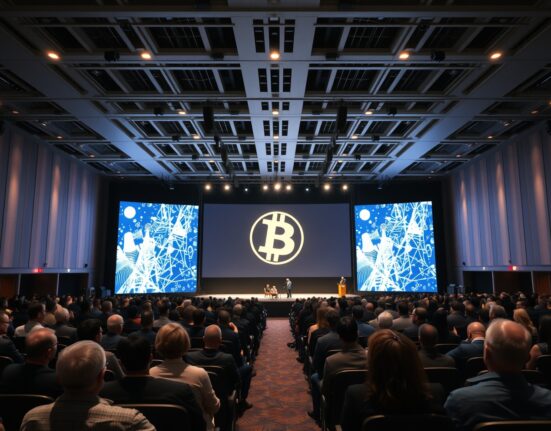 Interior of Moscone West during the Bitcoin World Disrupt technology conference in San Francisco.