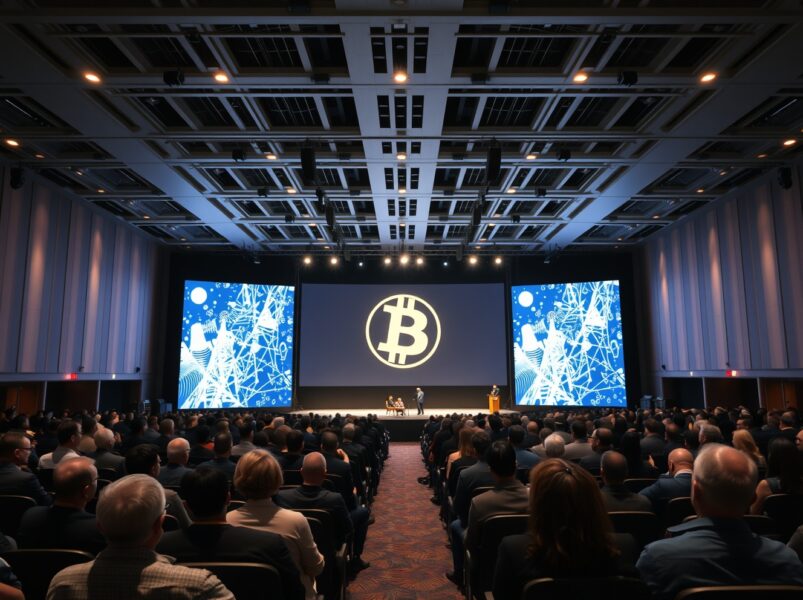 Interior of Moscone West during the Bitcoin World Disrupt technology conference in San Francisco.