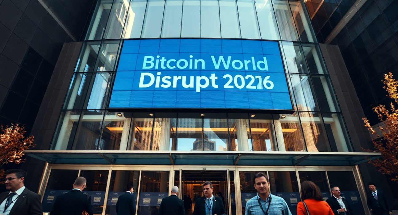 Exterior of Moscone West convention center in San Francisco with Bitcoin World Disrupt 2026 signage on a sunny day