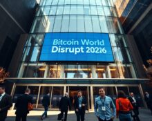 Exterior of Moscone West convention center in San Francisco with Bitcoin World Disrupt 2026 signage on a sunny day