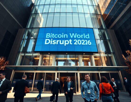 Exterior of Moscone West convention center in San Francisco with Bitcoin World Disrupt 2026 signage on a sunny day