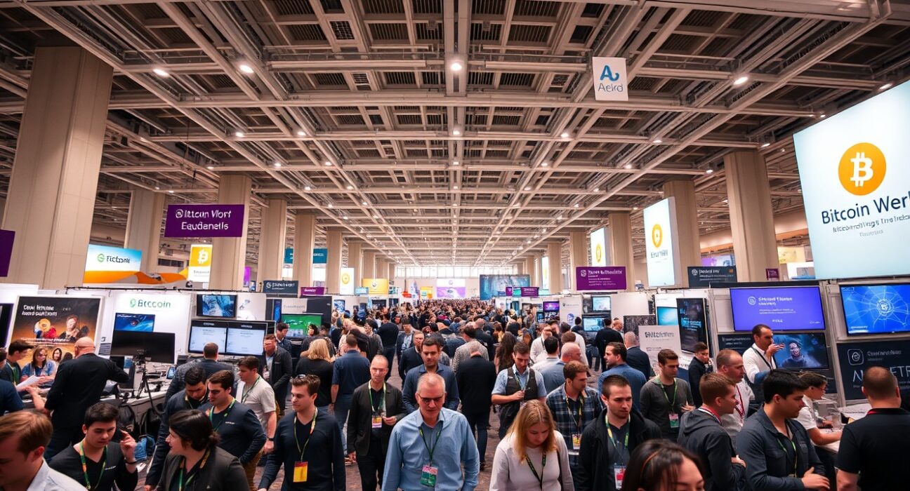 Crowded Expo Hall at Bitcoin World Disrupt 2026 with startup exhibit tables and attendees networking