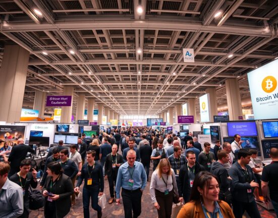 Crowded Expo Hall at Bitcoin World Disrupt 2026 with startup exhibit tables and attendees networking