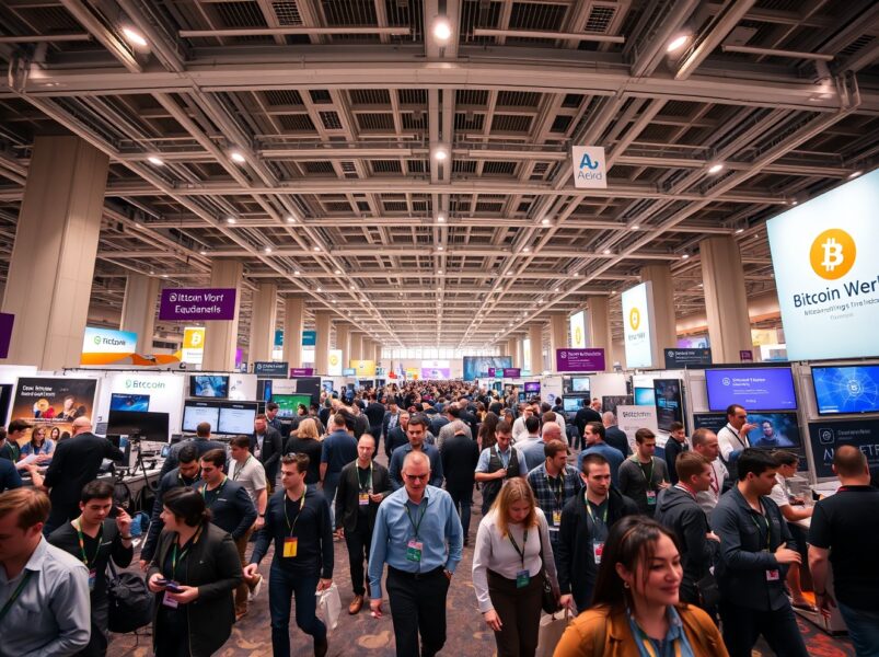 Crowded Expo Hall at Bitcoin World Disrupt 2026 with startup exhibit tables and attendees networking