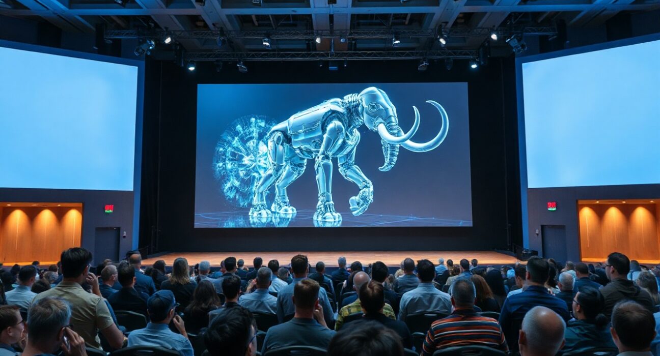 Conference stage at Bitcoin World Disrupt 2026 with AI and de-extinction visuals