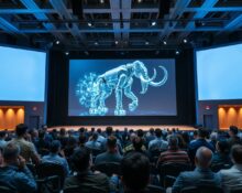 Conference stage at Bitcoin World Disrupt 2026 with AI and de-extinction visuals