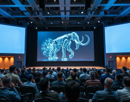Conference stage at Bitcoin World Disrupt 2026 with AI and de-extinction visuals