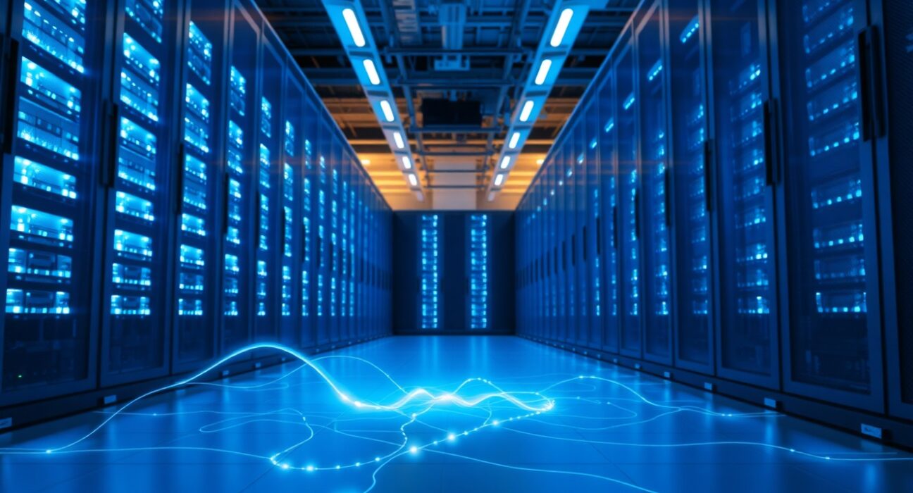 Modern data center interior with server racks and energy grid visual metaphor for AI power demands.