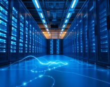 Modern data center interior with server racks and energy grid visual metaphor for AI power demands.