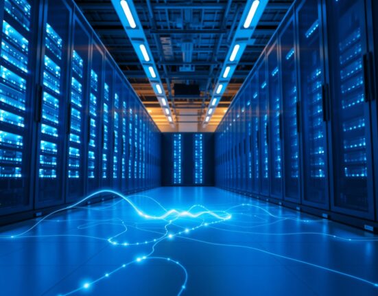 Modern data center interior with server racks and energy grid visual metaphor for AI power demands.