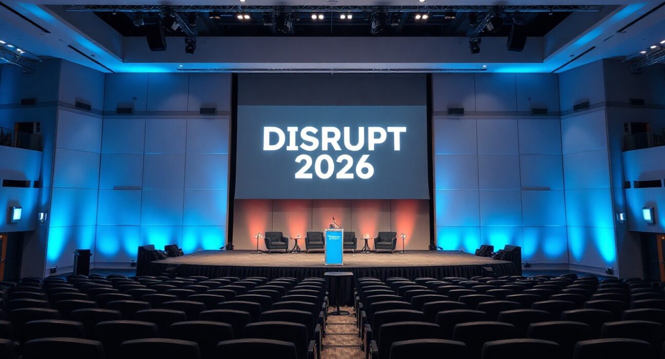 Empty stage at Moscone West with Disrupt 2026 logo on screen, awaiting speakers for Bitcoin World Disrupt 2026