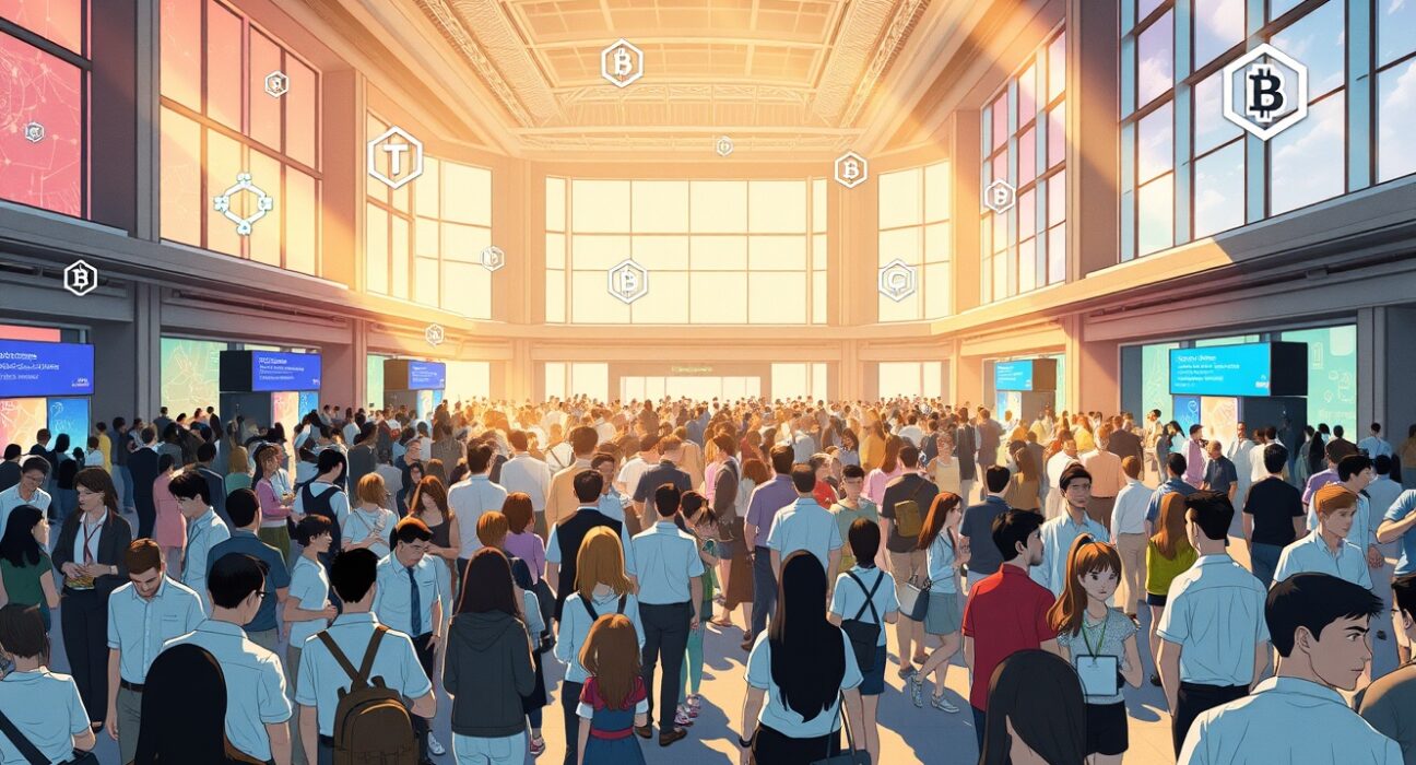 Networking at the Bitcoin World Disrupt 2026 tech conference in San Francisco with industry leaders.