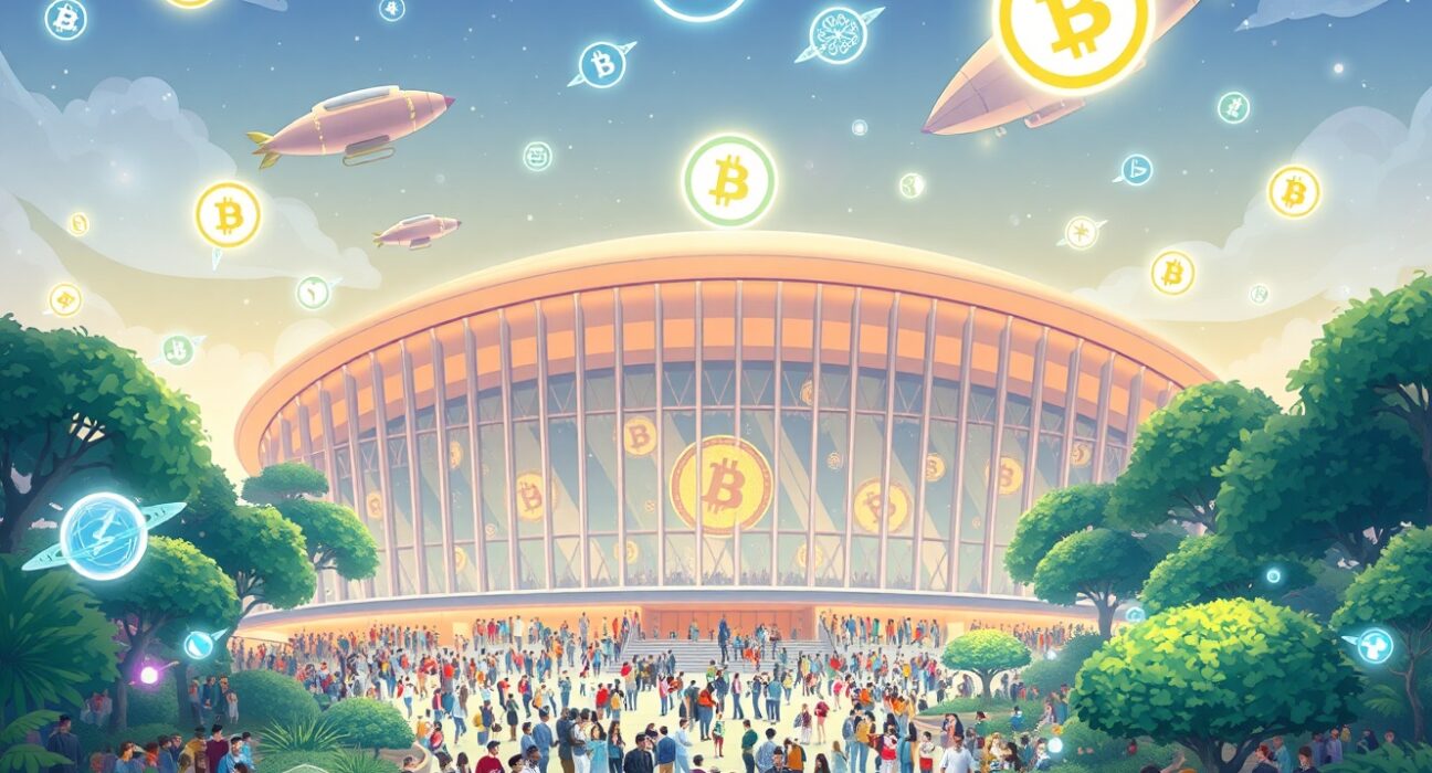 Bitcoin World Disrupt 2026 conference in San Francisco with attendees networking and viewing tech displays