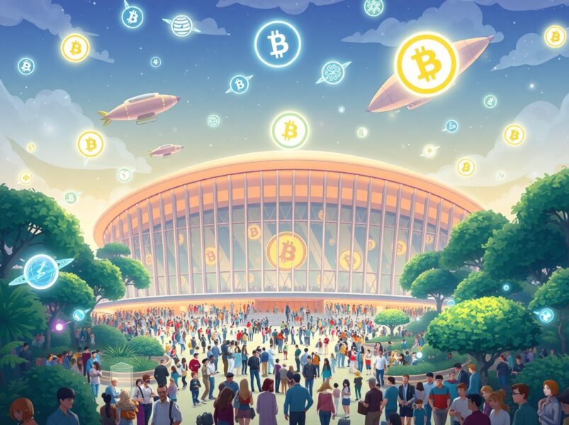 Bitcoin World Disrupt 2026 conference in San Francisco with attendees networking and viewing tech displays